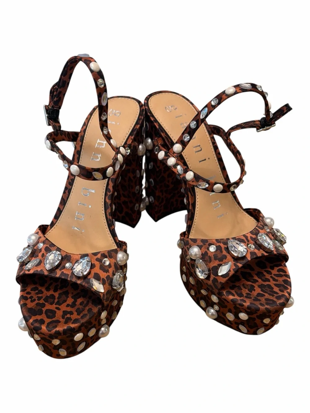 Gianni Bini Leopard Pearl Rhinestone Platform Heels Ankle Strap 8.5 NWOB